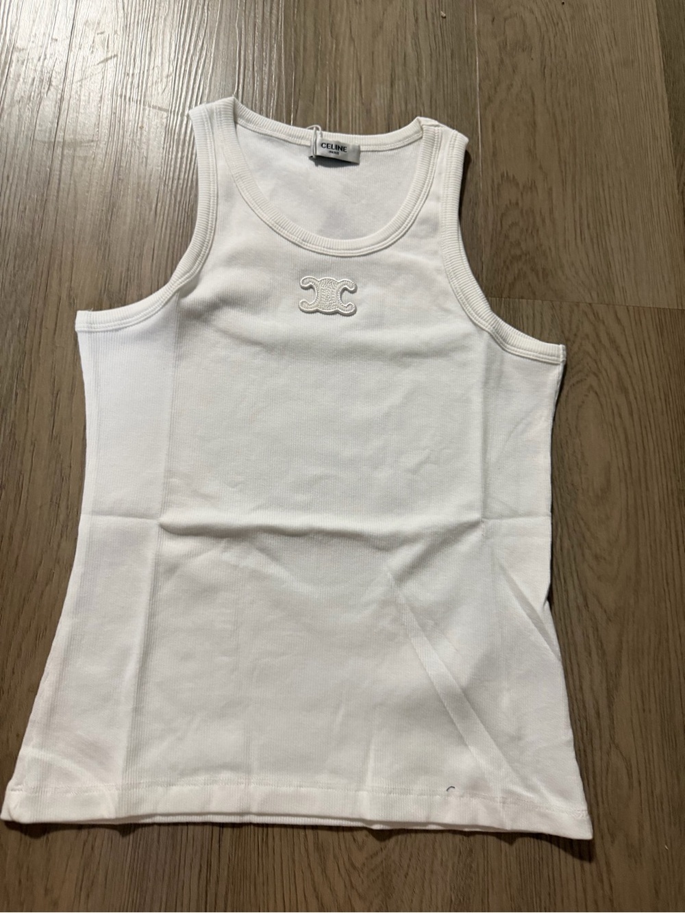 Celine White Ribbed Muscle Tank with Embroidered Logo - Picture 4 of 4